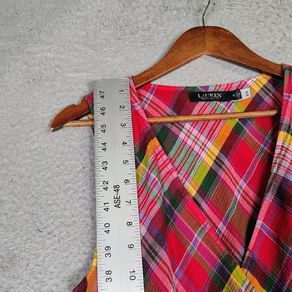 Lauren Ralph Lauren Midi Dress Women's 12 Red Multi Plaid Crinkle Surplice Neck - Picture 2 of 11